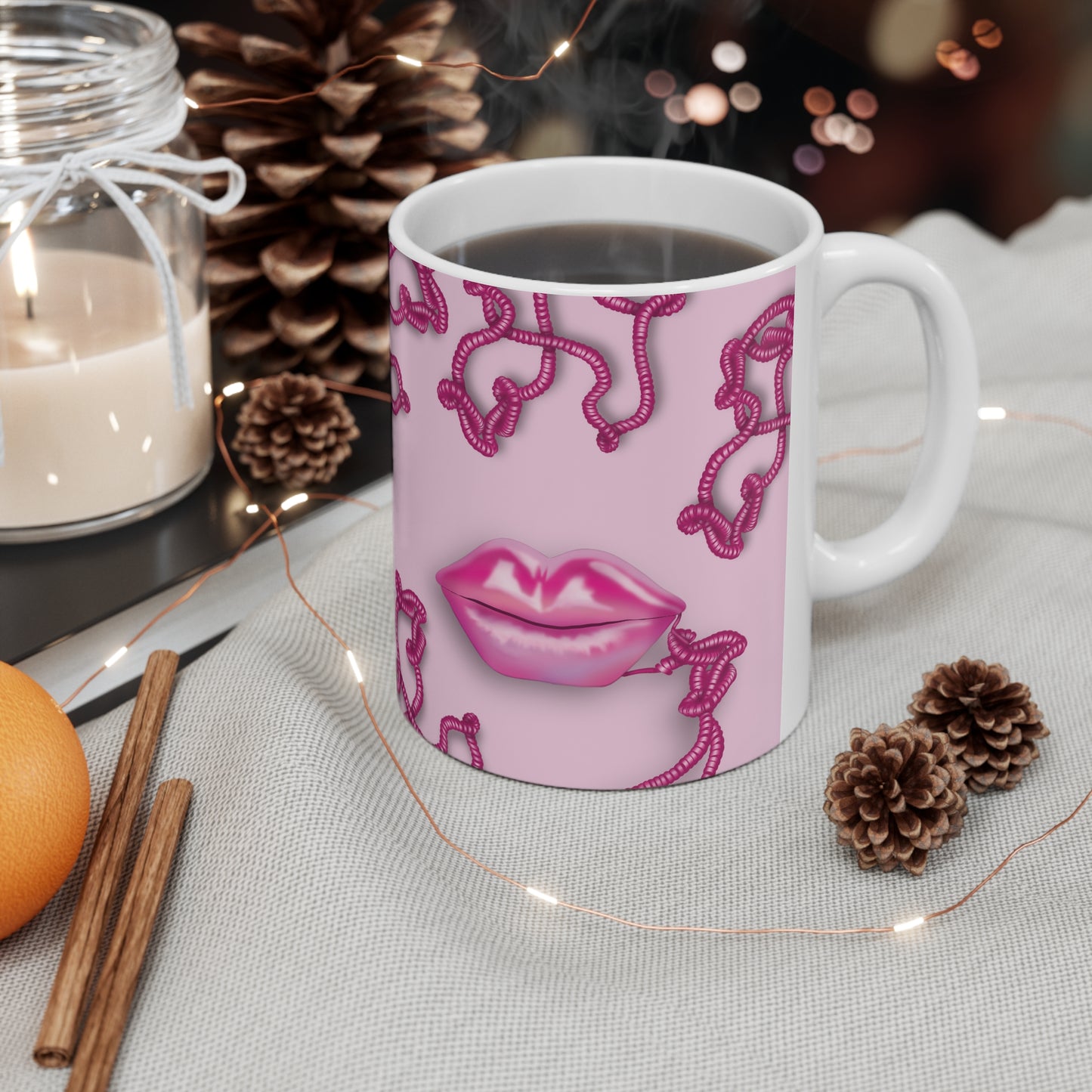 Kiss Me Through the Phone Ceramic Mug 11oz (Pink)