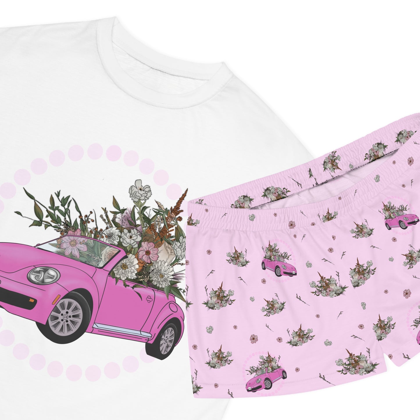 Pink Car with florals Women's Short Pajama Set