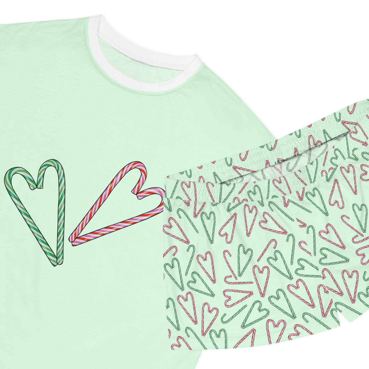 Candy Cane Hearts Women's Short Pajama Set (Green)