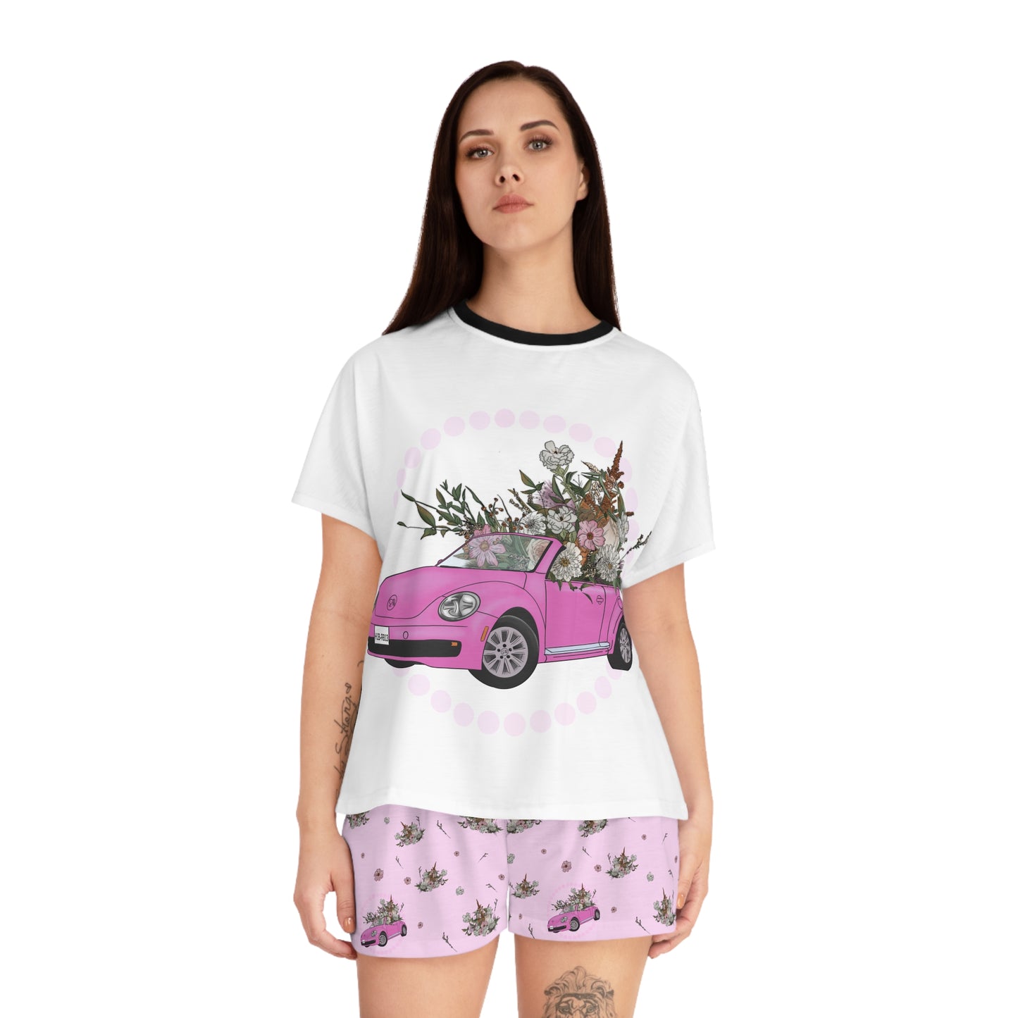 Pink Car with florals Women's Short Pajama Set