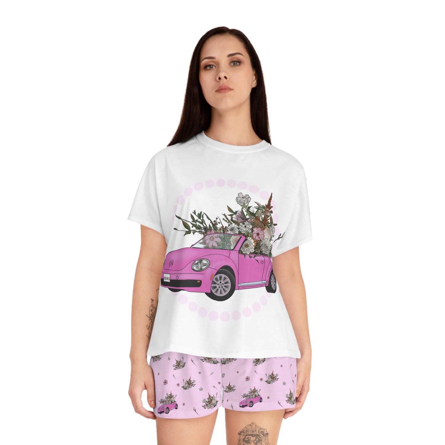 Pink Car with florals Women's Short Pajama Set