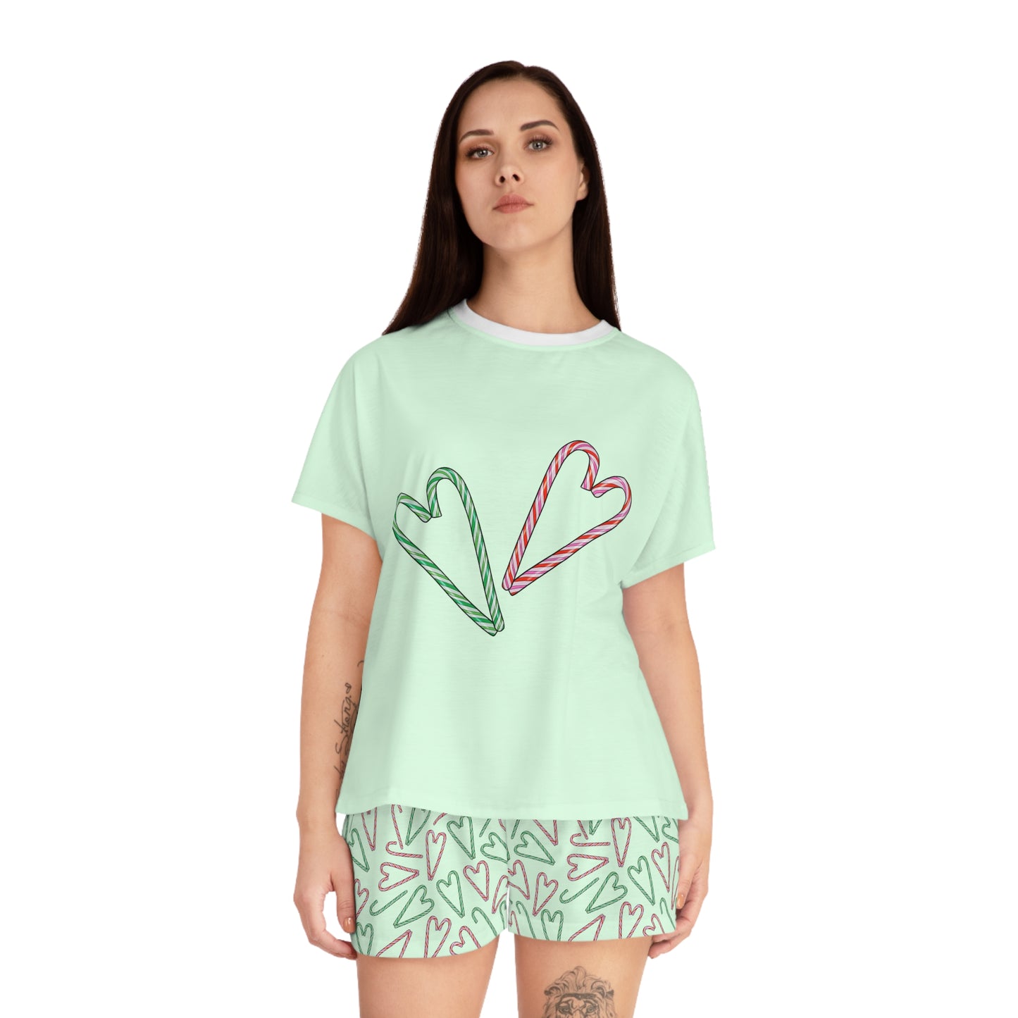 Candy Cane Hearts Women's Short Pajama Set (Green)