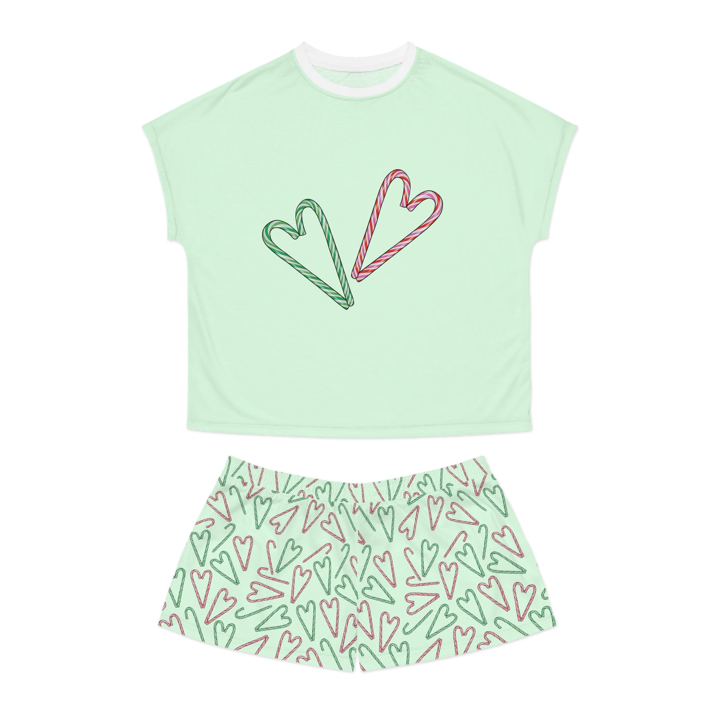 Candy Cane Hearts Women's Short Pajama Set (Green)