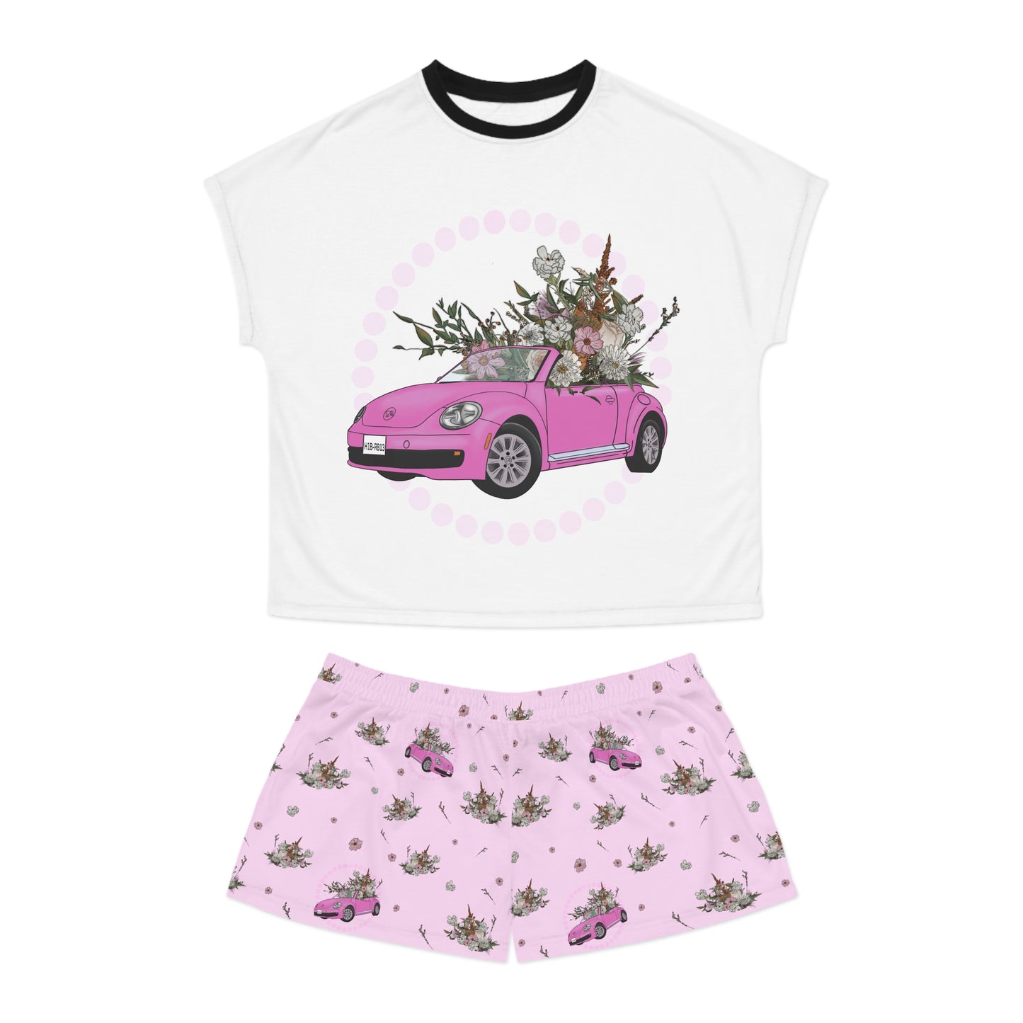 Pink Car with florals Women's Short Pajama Set