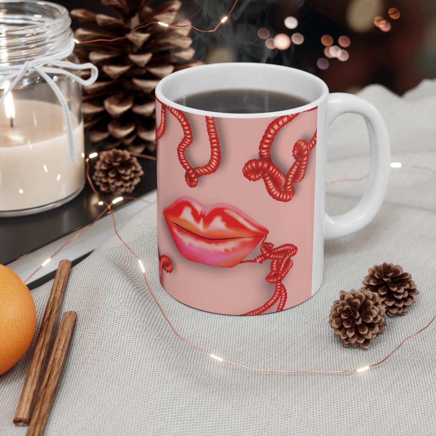 Kiss me through the Phone Ceramic Mug 11oz (Red)
