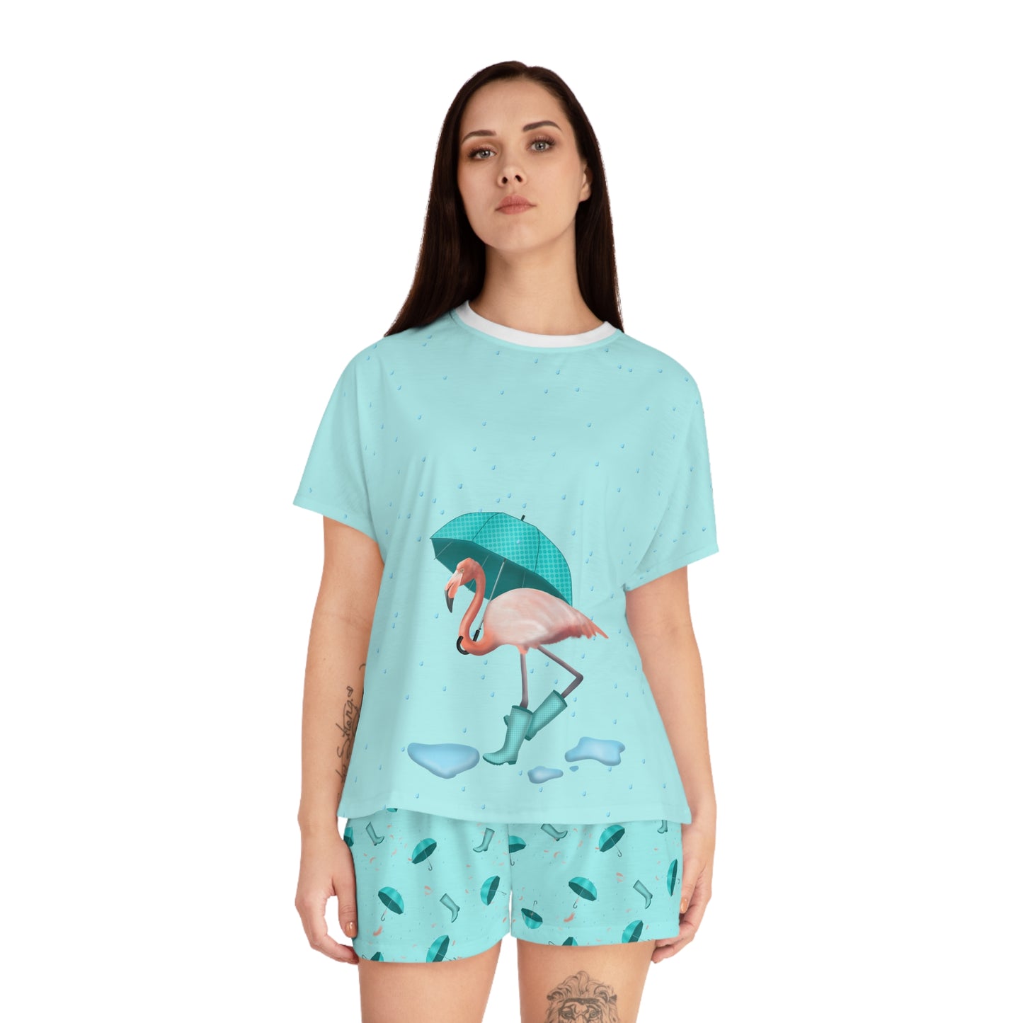 Flamingo in Rain Boots Women's Short Pajama Set