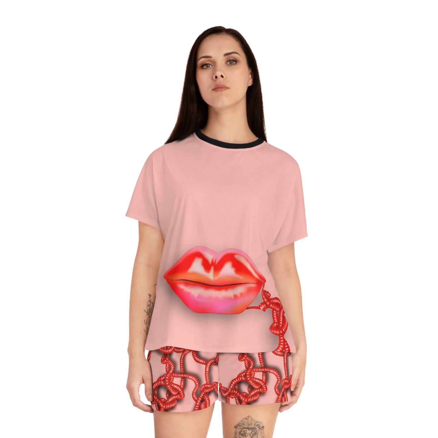 Kiss me through the phone Women's Short Pajama Set (Red)
