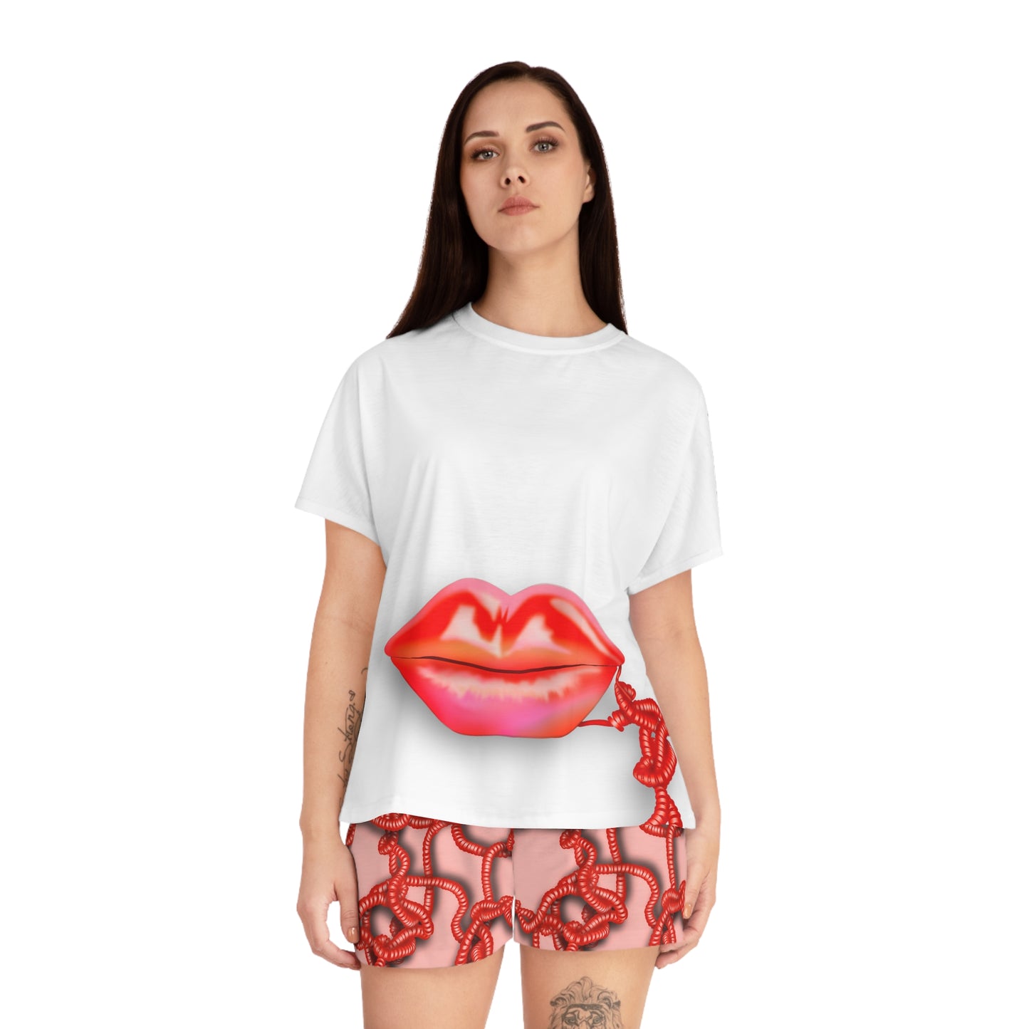 Kiss me through the phone Women's Short Pajama Set (Red)