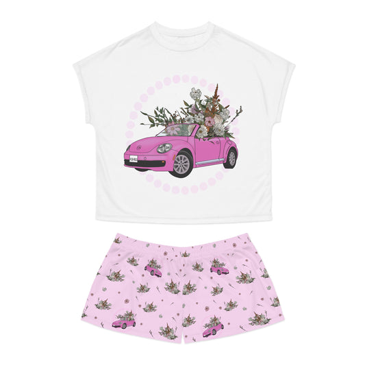 Pink Car with florals Women's Short Pajama Set