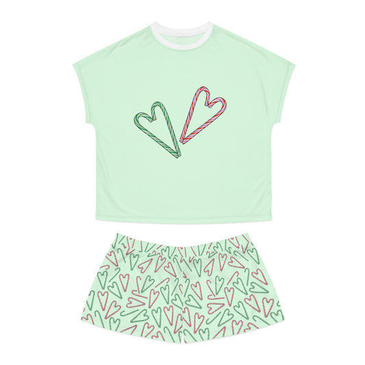 Candy Cane Hearts Women's Short Pajama Set (Green)