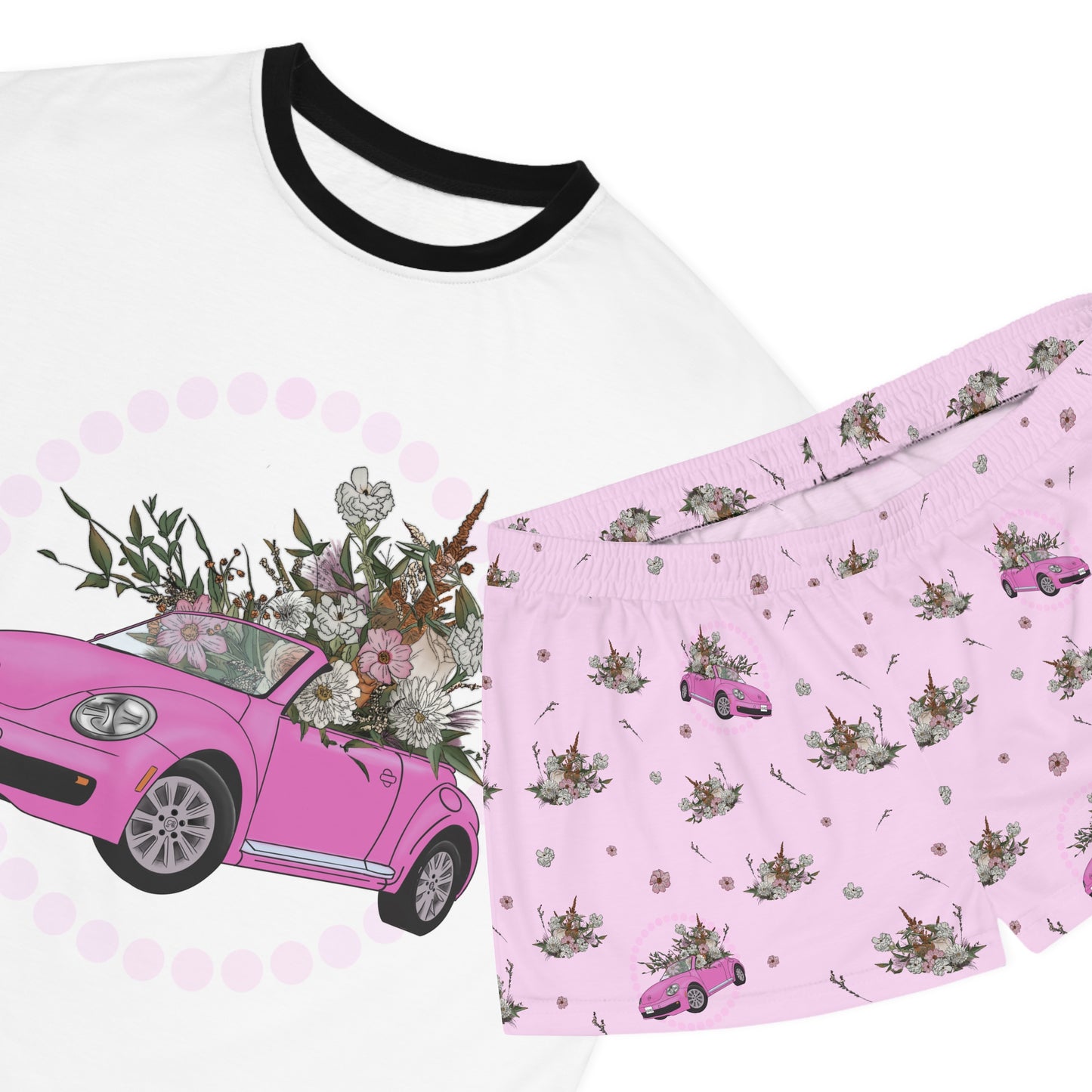 Pink Car with florals Women's Short Pajama Set